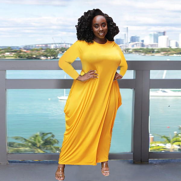 Solid color round neck long sleeves irregular hem imitation cotton pocket plus size dress