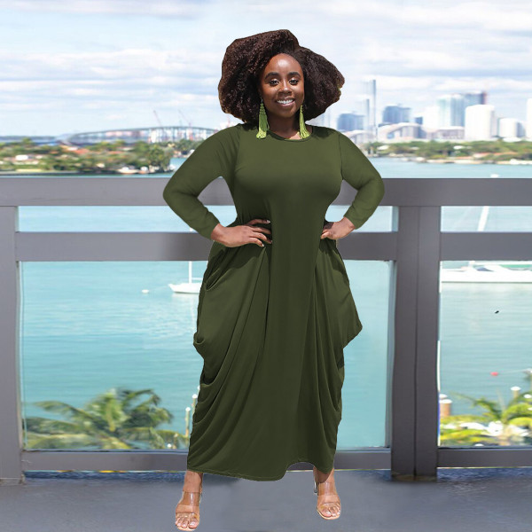 Solid color round neck long sleeves irregular hem imitation cotton pocket plus size dress