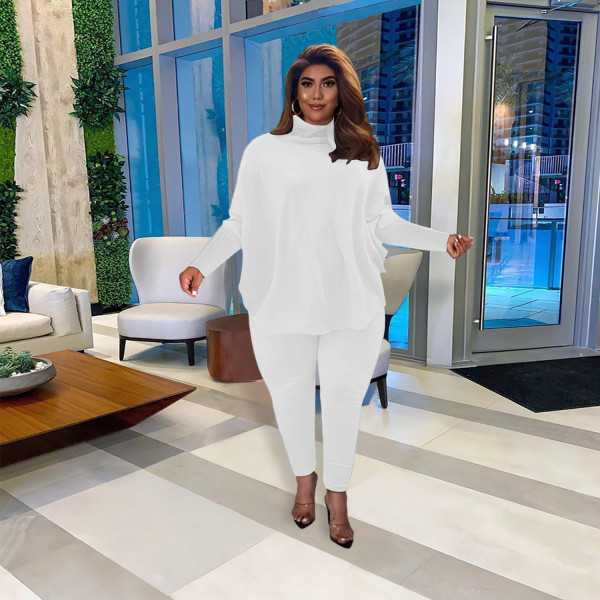 Fashion casual solid color bat sleeve split top trousers ribbed pit strip suit