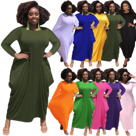 Solid color round neck long sleeves irregular hem imitation cotton pocket plus size dress