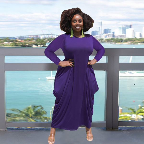 Solid color round neck long sleeves irregular hem imitation cotton pocket plus size dress
