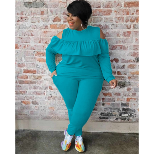 Fashionable casual set of fit slimming shoulder solid color plus size women's clothing