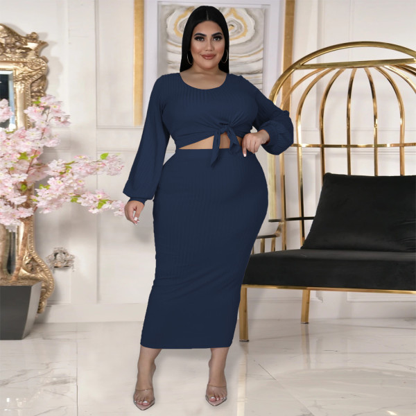 New Women's Fashion Lantern Sleeve Long Sleeve Top Half Skirt Cotton Rib Hole Striped Casual Two-piece Set
