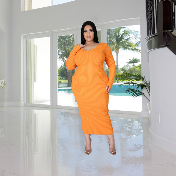 Autumn and winter solid color long-sleeved ribbed knitted cotton dress bottoming long skirt