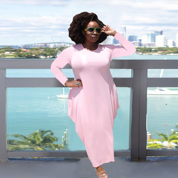 Solid color round neck long sleeves irregular hem imitation cotton pocket plus size dress