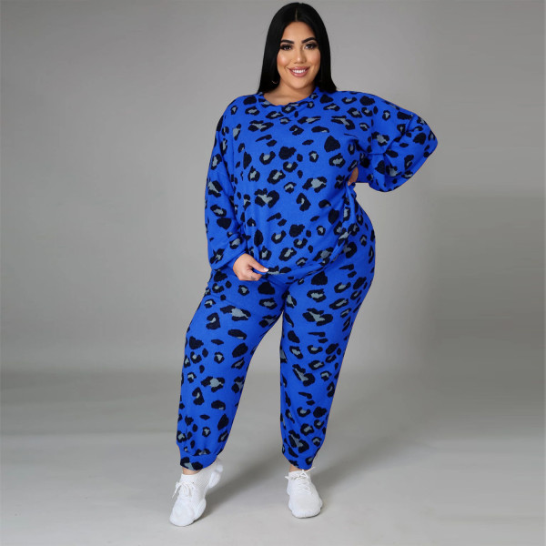 Plus size women's fashion round neck long sleeve leopard print loose sweater casual suit women