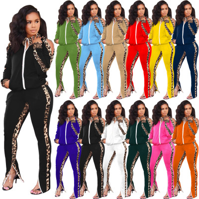 Women's strapless sports two-piece leopard pattern stitching color fashion suit