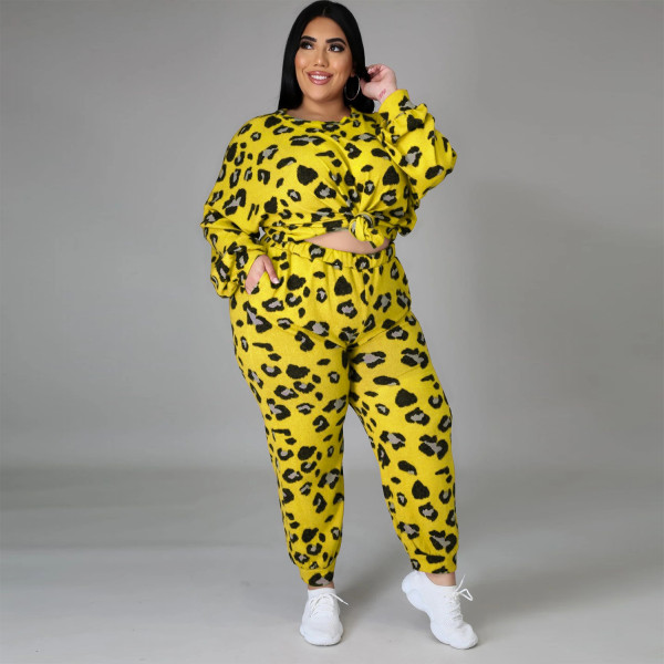Plus size women's fashion round neck long sleeve leopard print loose sweater casual suit women