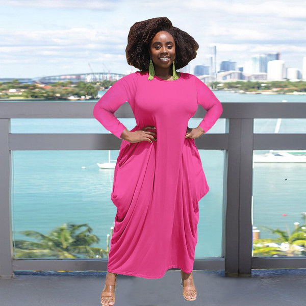 Solid color round neck long sleeves irregular hem imitation cotton pocket plus size dress