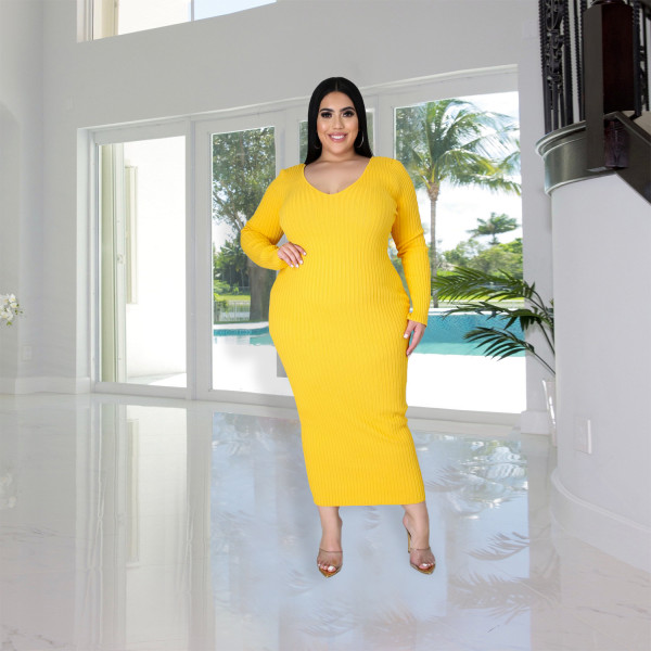 Autumn and winter solid color long-sleeved ribbed knitted cotton dress bottoming long skirt