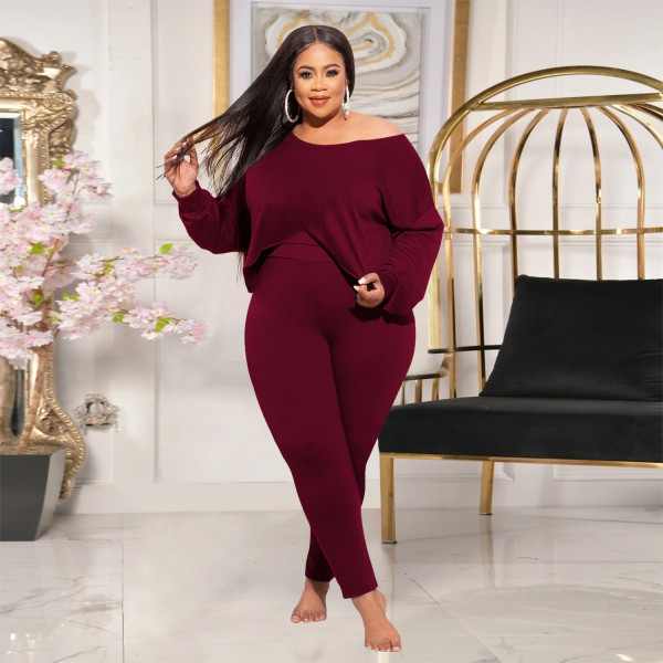 Oblique Collar Long Sleeve Irregular Top Tights Fashion Casual Suit Plus Size Women