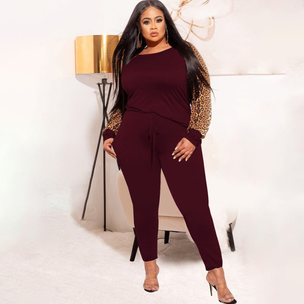 Leopard print contrast color fashion casual two-piece suit plus size women's suit