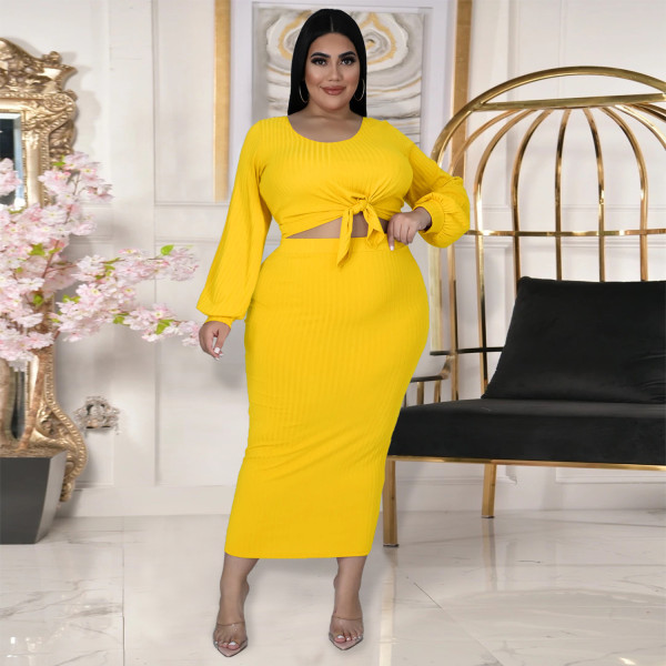 New Women's Fashion Lantern Sleeve Long Sleeve Top Half Skirt Cotton Rib Hole Striped Casual Two-piece Set