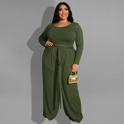 Pure color knitted fashion casual two-piece suit plus size women's suit