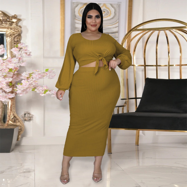 New Women's Fashion Lantern Sleeve Long Sleeve Top Half Skirt Cotton Rib Hole Striped Casual Two-piece Set