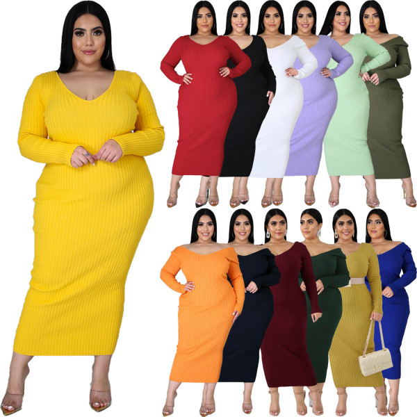 Autumn and winter solid color long-sleeved ribbed knitted cotton dress bottoming long skirt