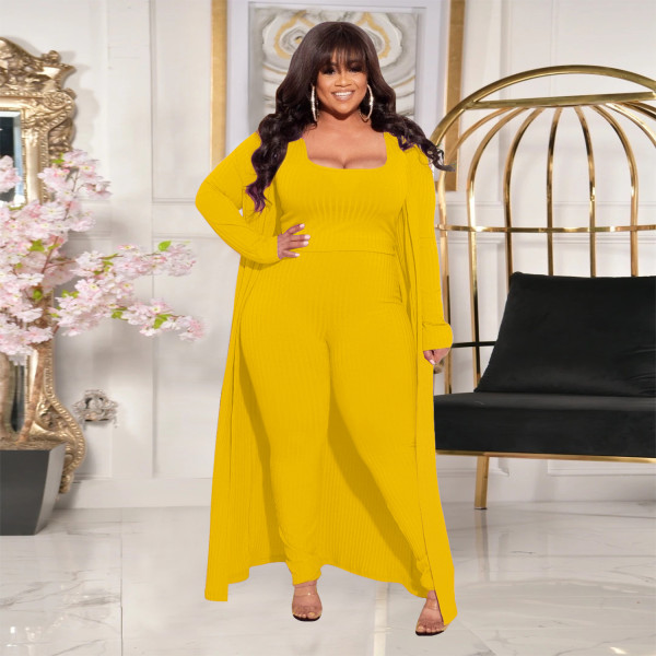 Autumn and winter new product high elastic pit strip three-piece solid color long-sleeved fashion casual suit