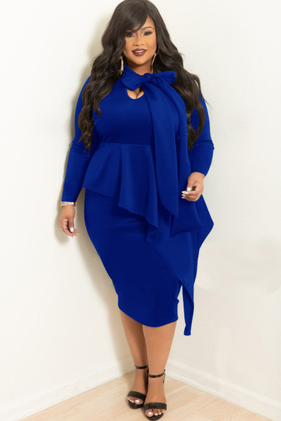 2021 autumn and winter new women's plus size dress fashion bow long-sleeved dress women