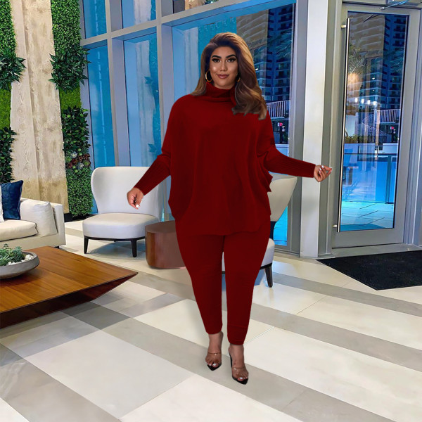 Fashion casual solid color bat sleeve split top trousers ribbed pit strip suit