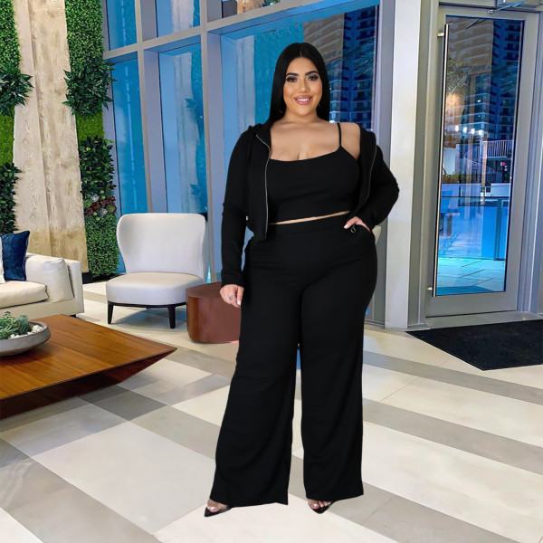 Fashion sports and leisure suit women temperament hoodie tube top wide leg pants three-piece pit strip