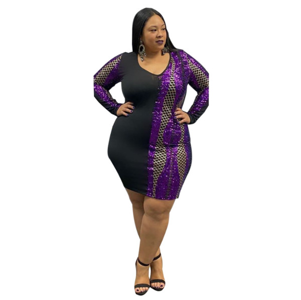 5XL fat woman fat woman plus size women's V-neck sequin stitching short skirt dress