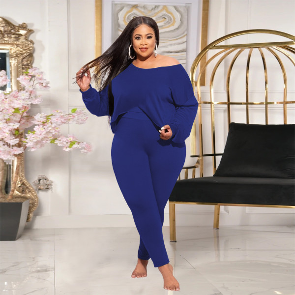 Oblique Collar Long Sleeve Irregular Top Tights Fashion Casual Suit Plus Size Women