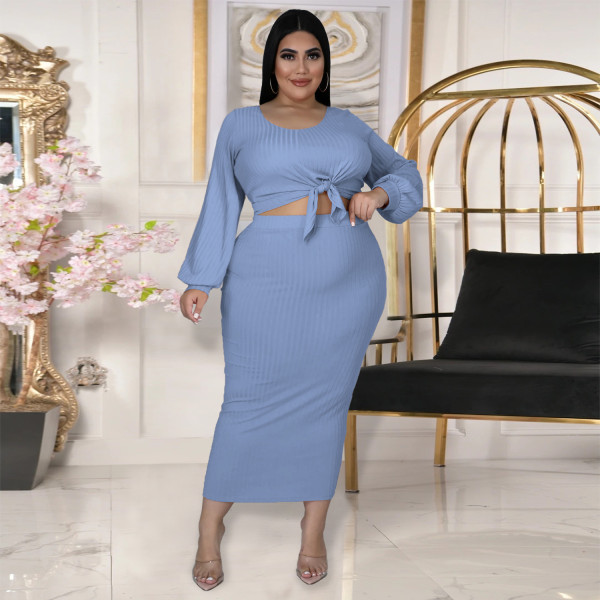 New Women's Fashion Lantern Sleeve Long Sleeve Top Half Skirt Cotton Rib Hole Striped Casual Two-piece Set