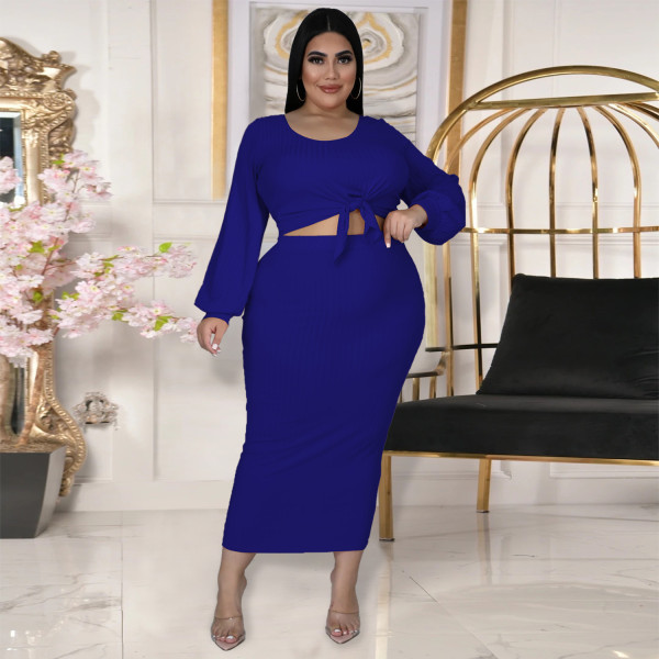 New Women's Fashion Lantern Sleeve Long Sleeve Top Half Skirt Cotton Rib Hole Striped Casual Two-piece Set