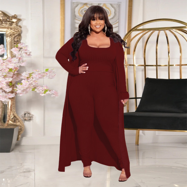 Autumn and winter new product high elastic pit strip three-piece solid color long-sleeved fashion casual suit