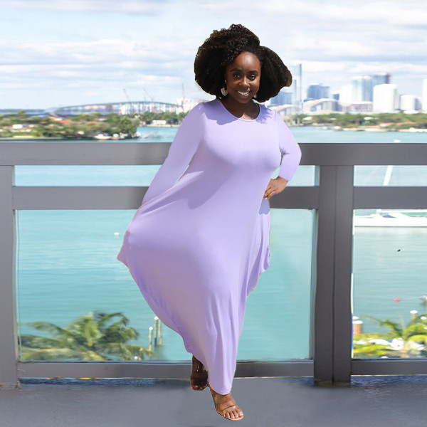 Solid color round neck long sleeves irregular hem imitation cotton pocket plus size dress