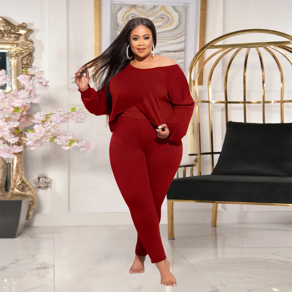 Oblique Collar Long Sleeve Irregular Top Tights Fashion Casual Suit Plus Size Women