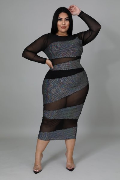 Fat woman plus size women's see-through long-sleeved dress fat woman dress fat woman dress