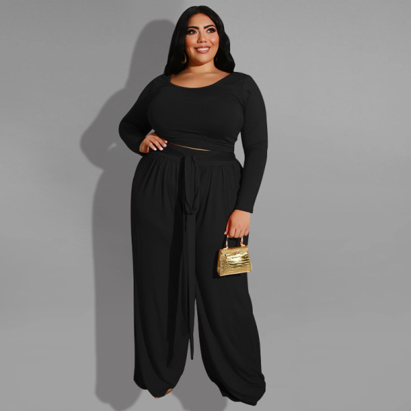 Pure color knitted fashion casual two-piece suit plus size women's suit