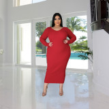 Autumn and winter solid color long-sleeved ribbed knitted cotton dress bottoming long skirt