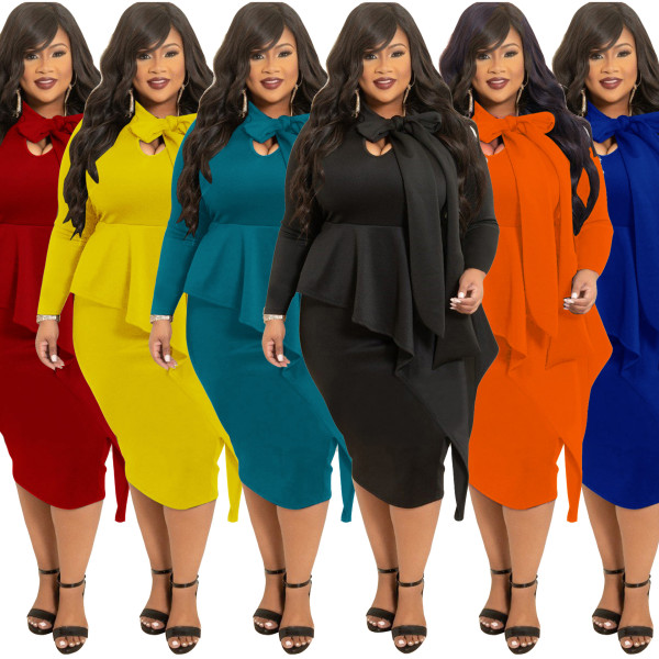 2021 autumn and winter new women's plus size dress fashion bow long-sleeved dress women
