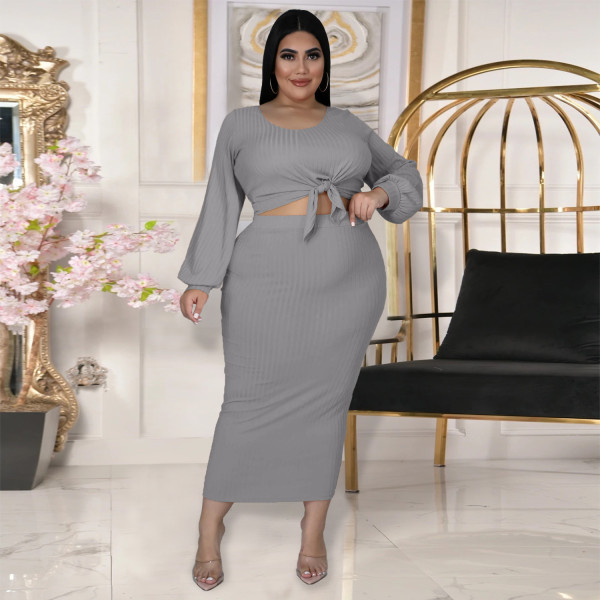 New Women's Fashion Lantern Sleeve Long Sleeve Top Half Skirt Cotton Rib Hole Striped Casual Two-piece Set