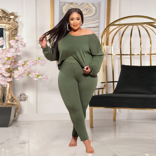 Oblique Collar Long Sleeve Irregular Top Tights Fashion Casual Suit Plus Size Women