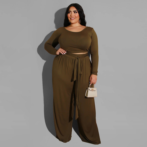 Pure color knitted fashion casual two-piece suit plus size women's suit