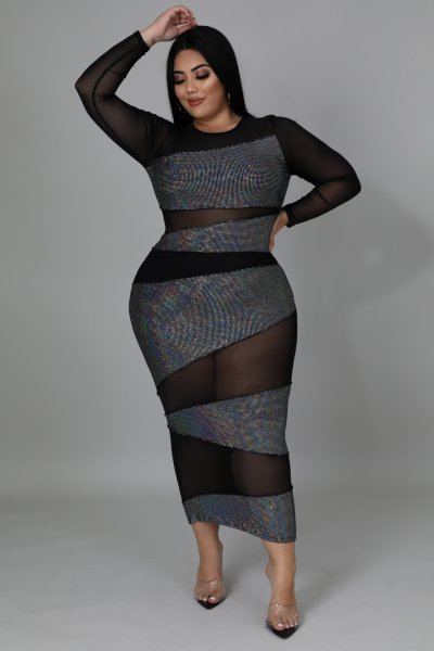 Fat woman plus size women's see-through long-sleeved dress fat woman dress fat woman dress