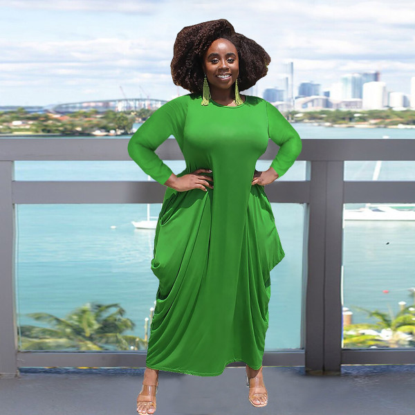 Solid color round neck long sleeves irregular hem imitation cotton pocket plus size dress