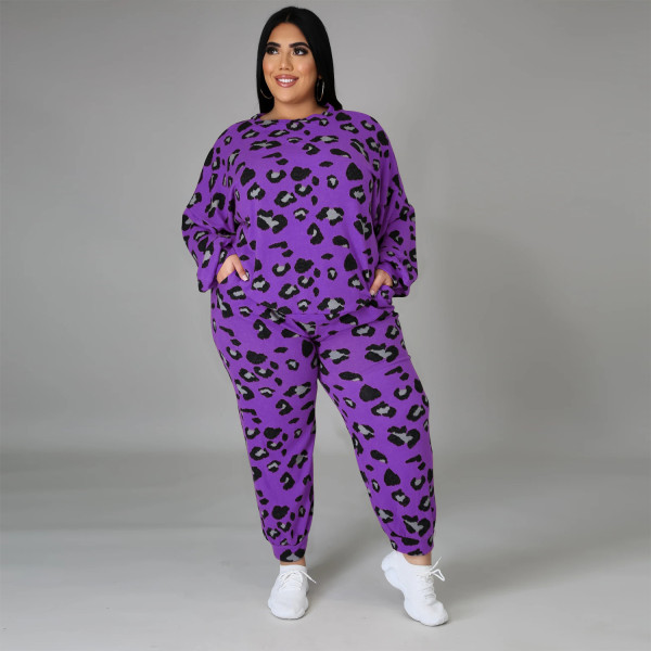 Plus size women's fashion round neck long sleeve leopard print loose sweater casual suit women