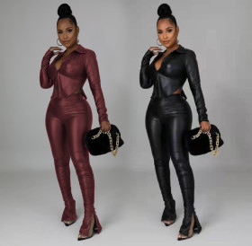 Autumn and winter fashion PU leather two-piece suit