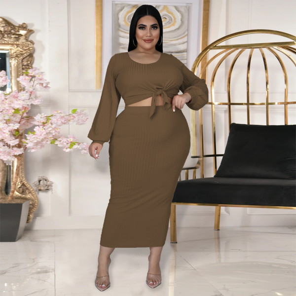 New Women's Fashion Lantern Sleeve Long Sleeve Top Half Skirt Cotton Rib Hole Striped Casual Two-piece Set