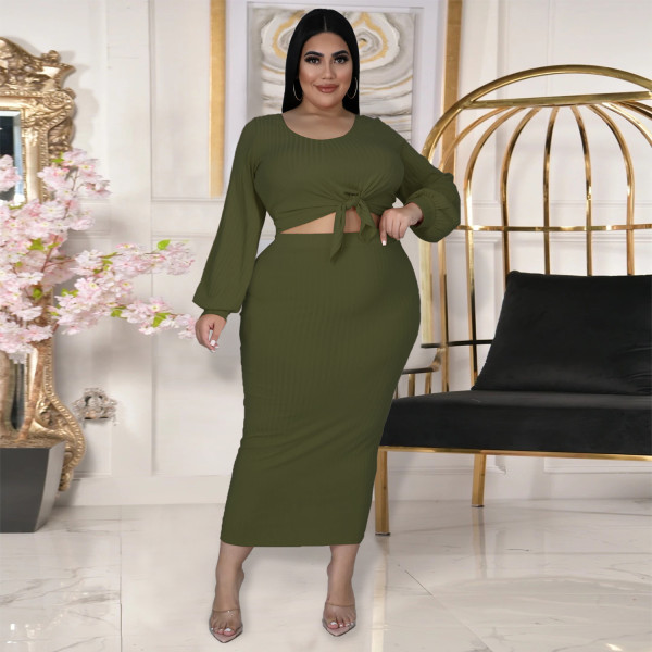 New Women's Fashion Lantern Sleeve Long Sleeve Top Half Skirt Cotton Rib Hole Striped Casual Two-piece Set