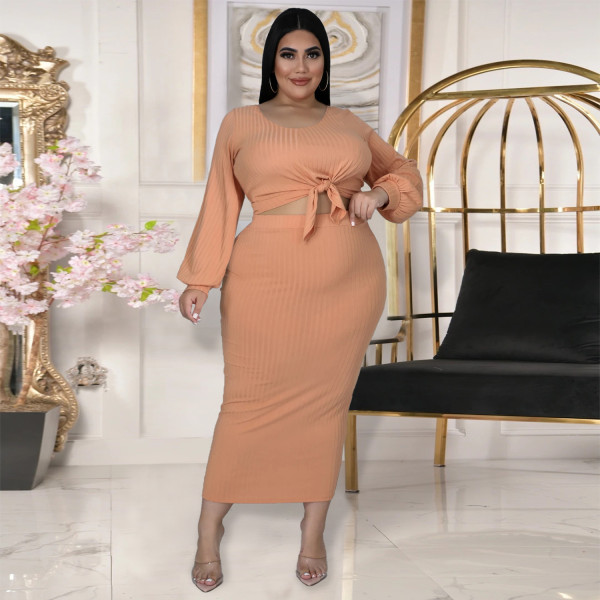 New Women's Fashion Lantern Sleeve Long Sleeve Top Half Skirt Cotton Rib Hole Striped Casual Two-piece Set