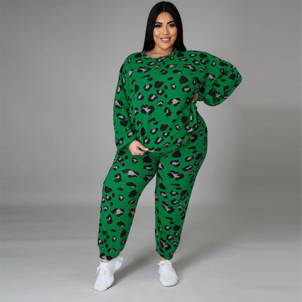Plus size women's fashion round neck long sleeve leopard print loose sweater casual suit women