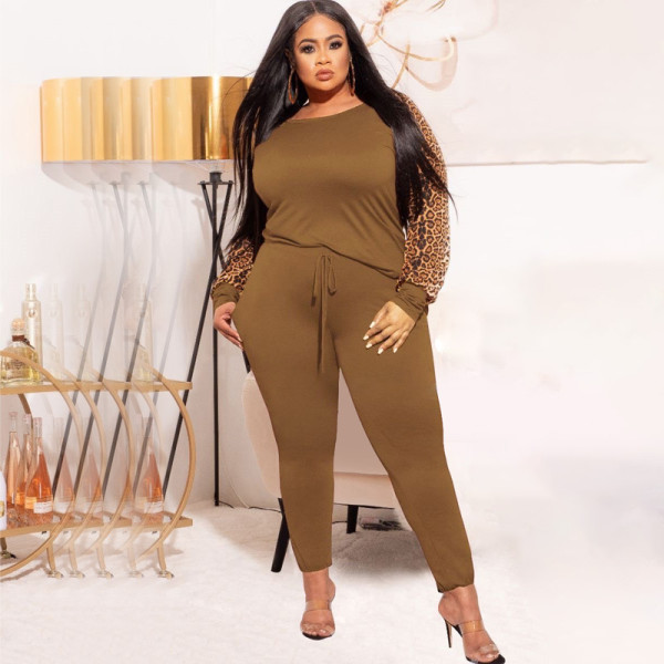 Leopard print contrast color fashion casual two-piece suit plus size women's suit