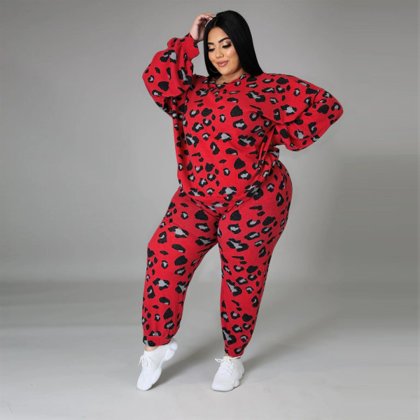 Plus size women's fashion round neck long sleeve leopard print loose sweater casual suit women