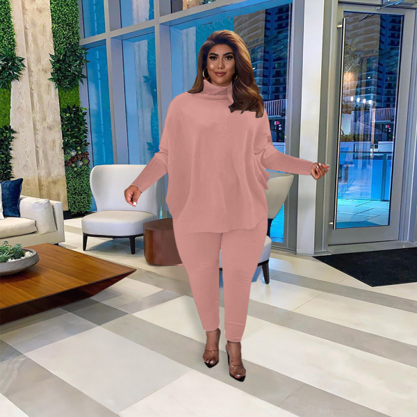 Fashion casual solid color bat sleeve split top trousers ribbed pit strip suit