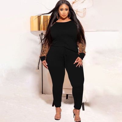 Leopard print contrast color fashion casual two-piece suit plus size women's suit